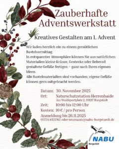Zauberhafte Adventswerkstatt - Kreatives Gesatlten am 1. Advent @ NABU Burgstädt e.V.